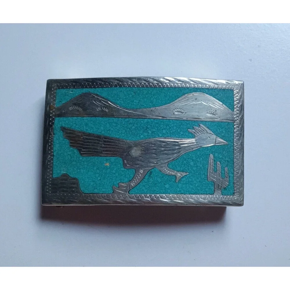 Vintage Alpaca Mexico Turquoise Chip Inlay Roadrunner Western Belt Buckle